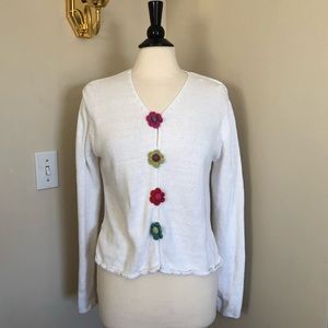 White Cardigan with Floral Buttoms